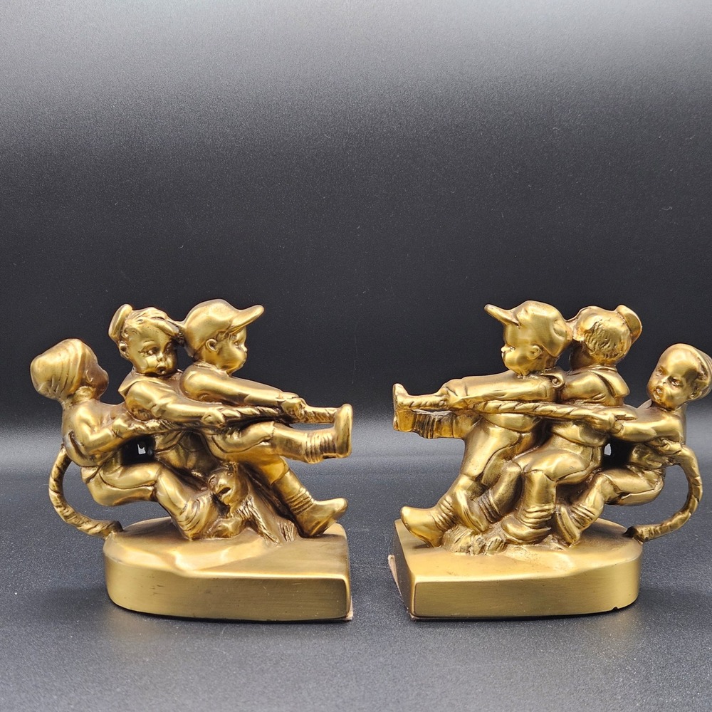 PM Craftsman Brass Tug of War Children Bookends Vintage Eaton Park Florida Gold
